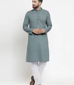 Men Light Grey Cotton Chikankari Lucknowi Jaal Embroidered kurta-pajama