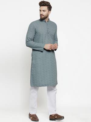 grey cotton kurta set with chikankari jaal embroidery 2
