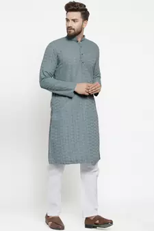 grey cotton kurta set with chikankari jaal embroidery