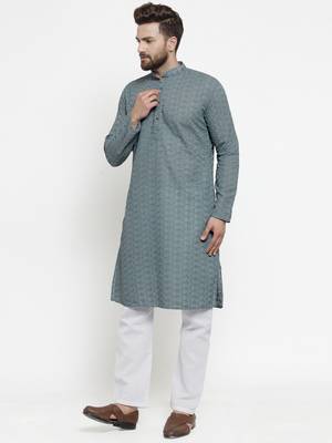 grey cotton kurta set with chikankari jaal embroidery 3