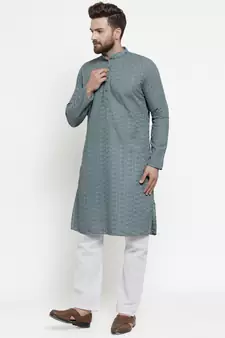 grey cotton kurta set with chikankari jaal embroidery