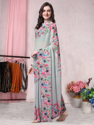 Grey printed georgette saree with blouse 3