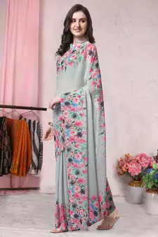 Grey printed georgette saree with blouse