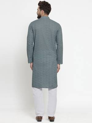 grey cotton kurta set with chikankari jaal embroidery 4