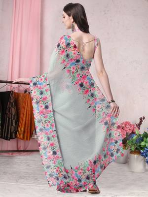 Grey printed georgette saree with blouse 4