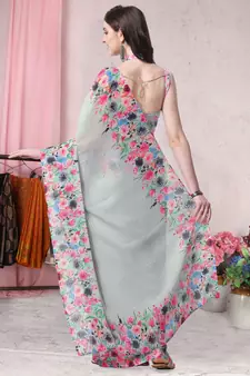 Grey printed georgette saree with blouse