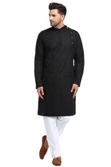 Treemoda Men Embroidered Cotton Chikankari Black kurta-pajama