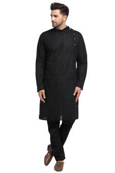 Treemoda Men Embroidered Cotton Chikankari Black kurta-pajama