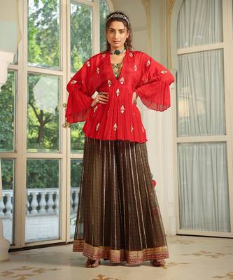 Romantic Red Gota Patti Kimono With Sharara Set 1