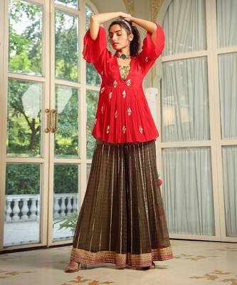 Romantic Red Gota Patti Kimono With Sharara Set 3