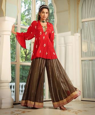 Romantic Red Gota Patti Kimono With Sharara Set 4