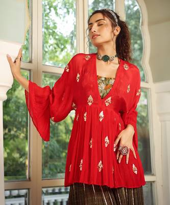 Romantic Red Gota Patti Kimono With Sharara Set 5
