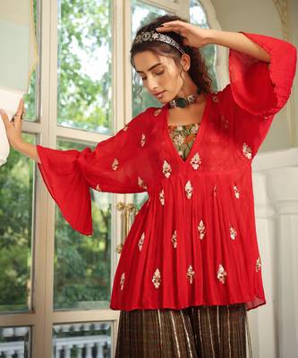 Romantic Red Gota Patti Kimono With Sharara Set 6