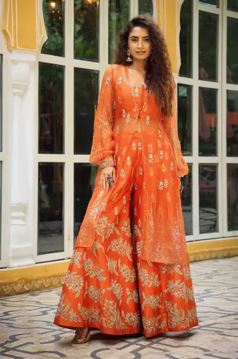 Dilruba Narangi Gota Patti Sharara, Top,Jacket & Dupatta Set