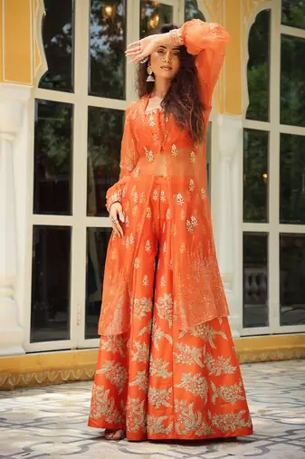 Dilruba Narangi Gota Patti Sharara, Top,Jacket & Dupatta Set