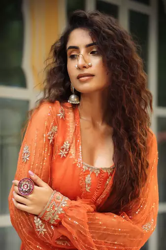 Dilruba Narangi Gota Patti Sharara, Top,Jacket & Dupatta Set
