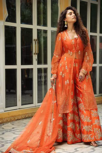 Dilruba Narangi Gota Patti Sharara, Top,Jacket & Dupatta Set