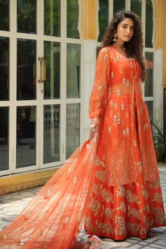 Dilruba Narangi Gota Patti Sharara, Top,Jacket & Dupatta Set
