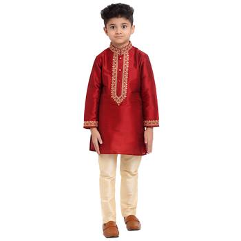 Red printed pure brocade silk boys-kurta-pyjama by Treemoda 1