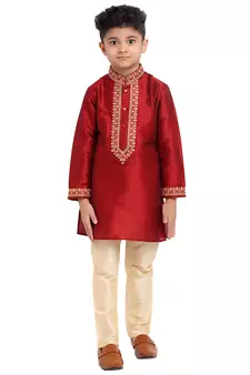 Red printed pure brocade silk boys-kurta-pyjama by Treemoda
