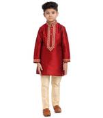Red printed pure brocade silk boys-kurta-pyjama by Treemoda