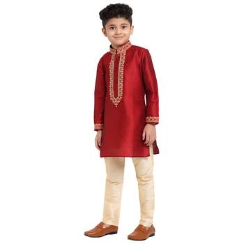 Red printed pure brocade silk boys-kurta-pyjama by Treemoda 2