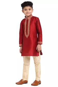 Red printed pure brocade silk boys-kurta-pyjama by Treemoda