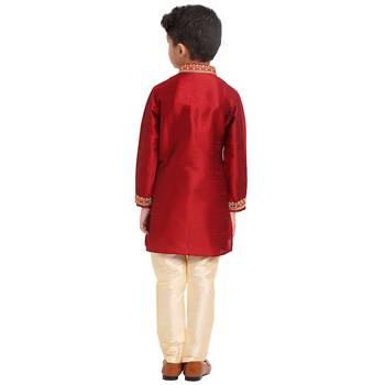 Red printed pure brocade silk boys-kurta-pyjama by Treemoda 3