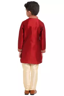 Red printed pure brocade silk boys-kurta-pyjama by Treemoda