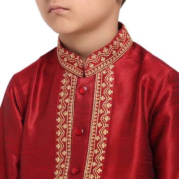 Red printed pure brocade silk boys-kurta-pyjama by Treemoda 4