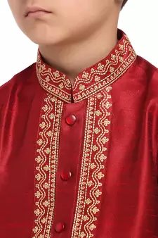 Red printed pure brocade silk boys-kurta-pyjama by Treemoda