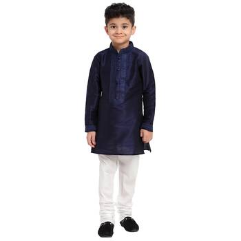 Blue printed pure brocade silk boys-kurta-pyjama by Treemoda 1
