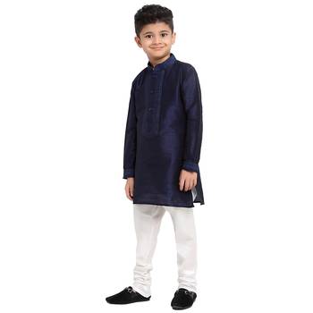Blue printed pure brocade silk boys-kurta-pyjama by Treemoda 2
