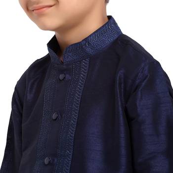 Blue printed pure brocade silk boys-kurta-pyjama by Treemoda 4