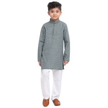 Grey embroidered cotton boys-kurta-pyjama by Treemoda 1
