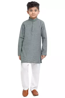 Grey embroidered cotton boys-kurta-pyjama by Treemoda