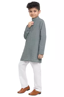 Grey embroidered cotton boys-kurta-pyjama by Treemoda