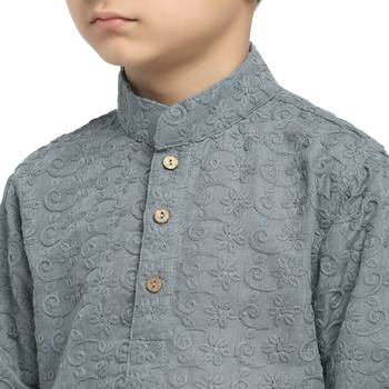 Grey embroidered cotton boys-kurta-pyjama by Treemoda 4