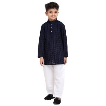 Blue embroidered cotton boys-kurta-pyjama by Treemoda 1