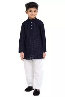 Blue embroidered cotton boys-kurta-pyjama by Treemoda