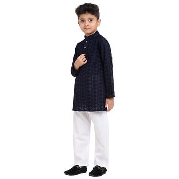 Blue embroidered cotton boys-kurta-pyjama by Treemoda 2