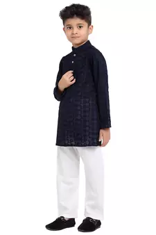 Blue embroidered cotton boys-kurta-pyjama by Treemoda