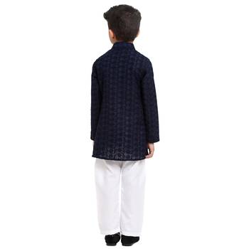 Blue embroidered cotton boys-kurta-pyjama by Treemoda 3