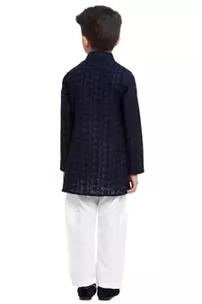 Blue embroidered cotton boys-kurta-pyjama by Treemoda