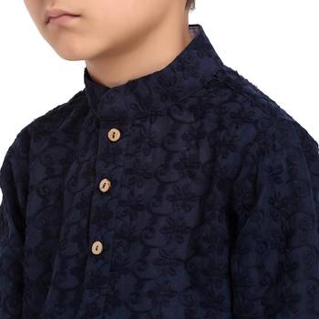 Blue embroidered cotton boys-kurta-pyjama by Treemoda 4