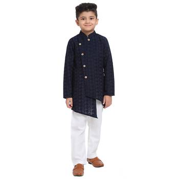 Blue embroidered cotton boys-kurta-pyjama by Treemoda 1
