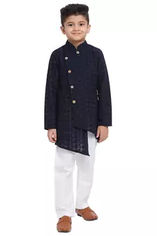 Blue embroidered cotton boys-kurta-pyjama by Treemoda