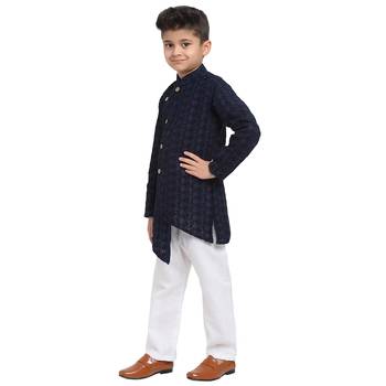 Blue embroidered cotton boys-kurta-pyjama by Treemoda 2
