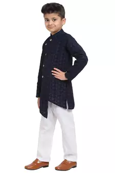 Blue embroidered cotton boys-kurta-pyjama by Treemoda