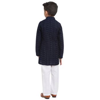 Blue embroidered cotton boys-kurta-pyjama by Treemoda 3